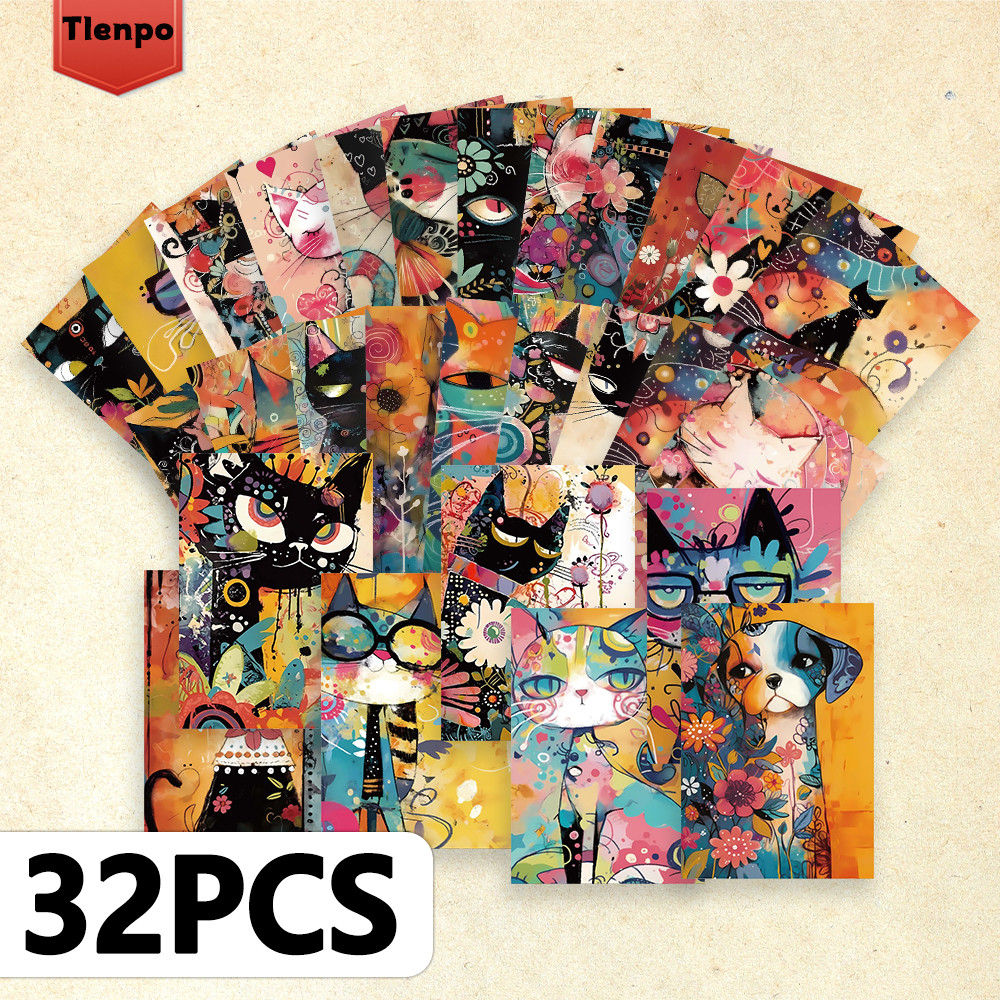 

32pcs, Abstract Doodle Cat Postcards, Room Decoration Stickers, Brochure Materials, Souvenirs, Collectibles and Mailing