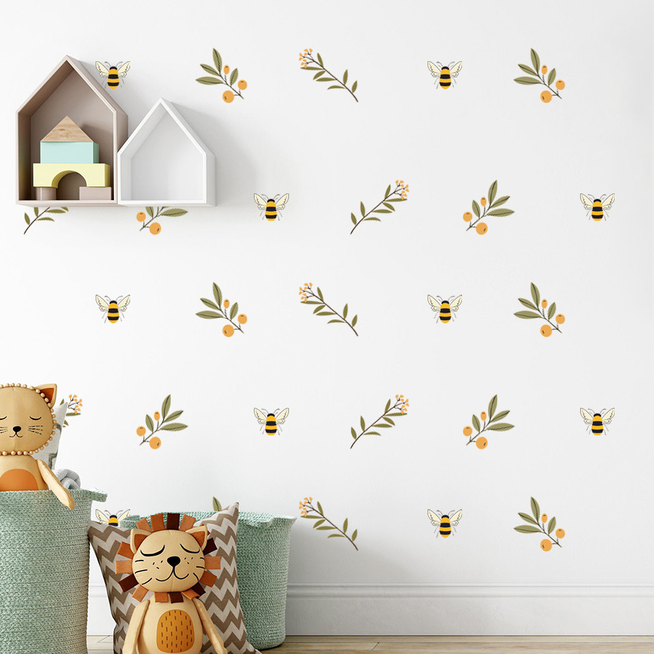 

Boho Modern Botanical Leaves Flowers Floral Bee Wall Sticker Vinyl Removable DIY Decals Kids Room Playroom Interior Home Decor