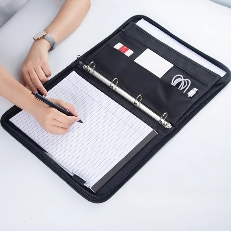 

Large Black Business Portfolio File Document Folder Zipper A4 Paper Organizer Bag Padfolio Binder Briefcase Conference Office