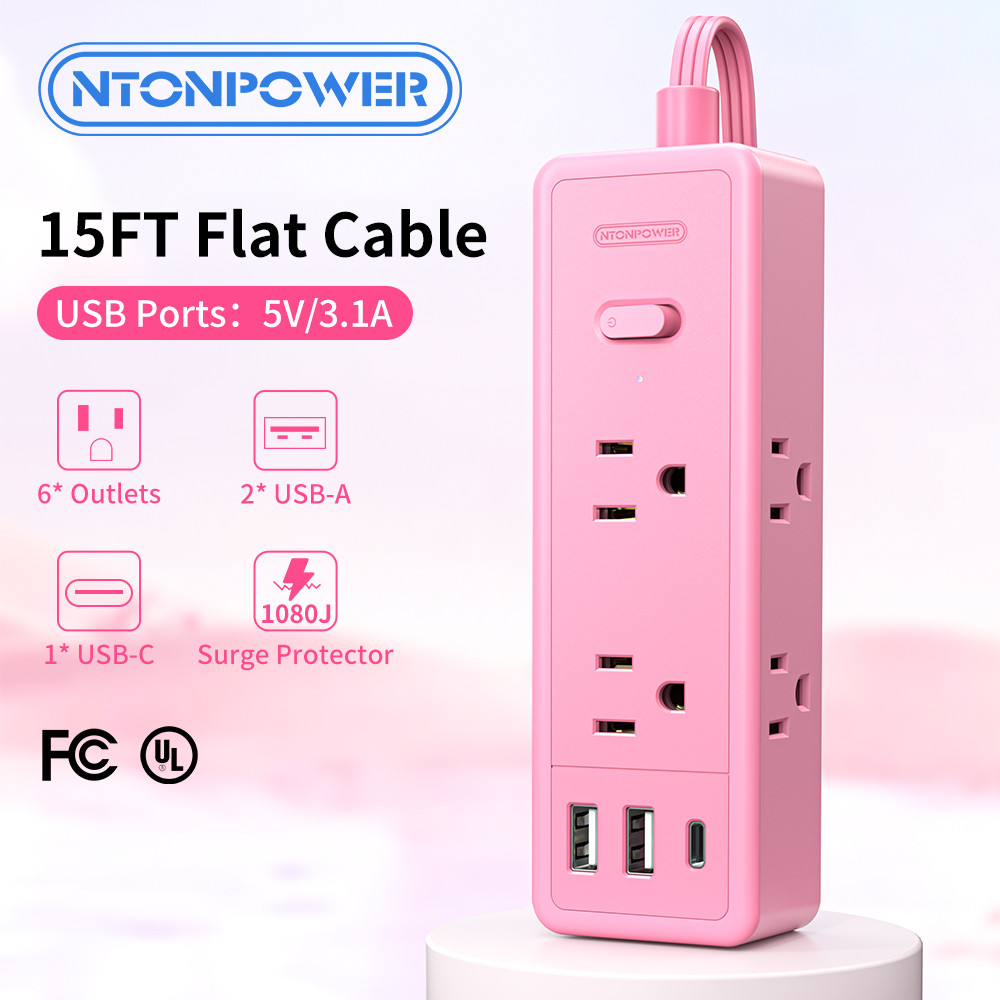 Ntonpower US Plug Pink Power Strip with 6 Outlets 2 USB Ports (1 USB-C) Power Socket 15 ft Flat Exte