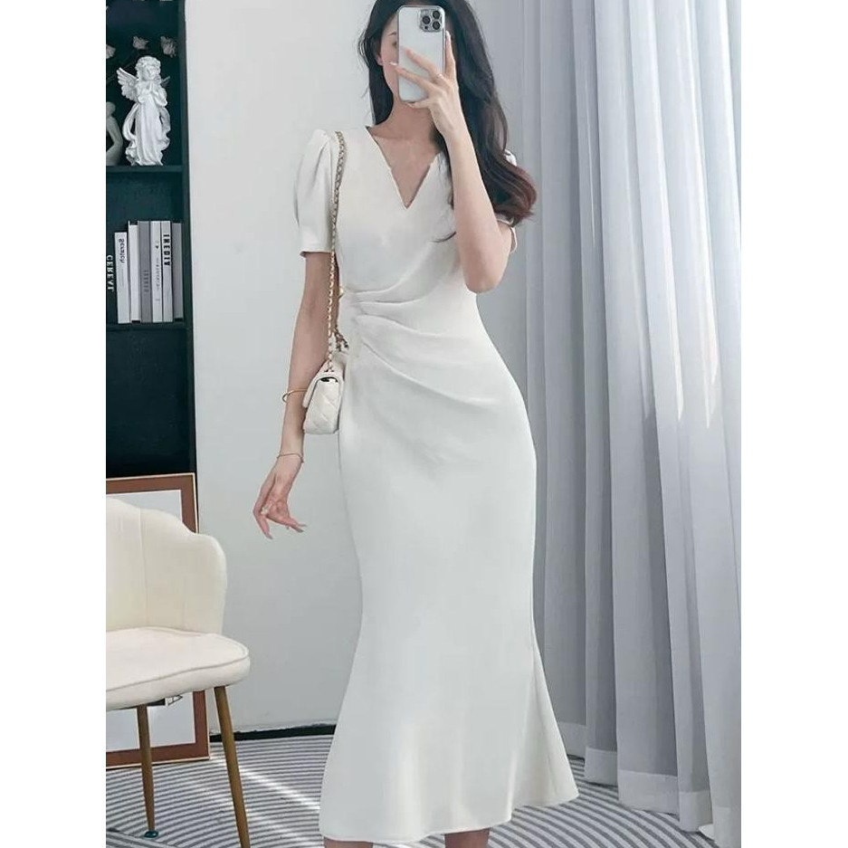 sale Meirong summer midi dress hitam polos pantai panjang wanita korea style baju black dress simple