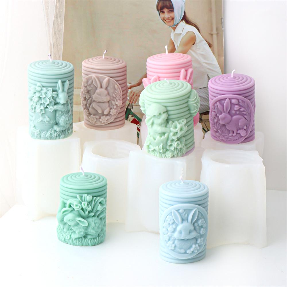 

Easter Day Rabbit Pillar Silicone Candle Mold Cute Rabbit & Eggshell Surrounded By Lily Flowers Statue Mould Holiday Home Decor