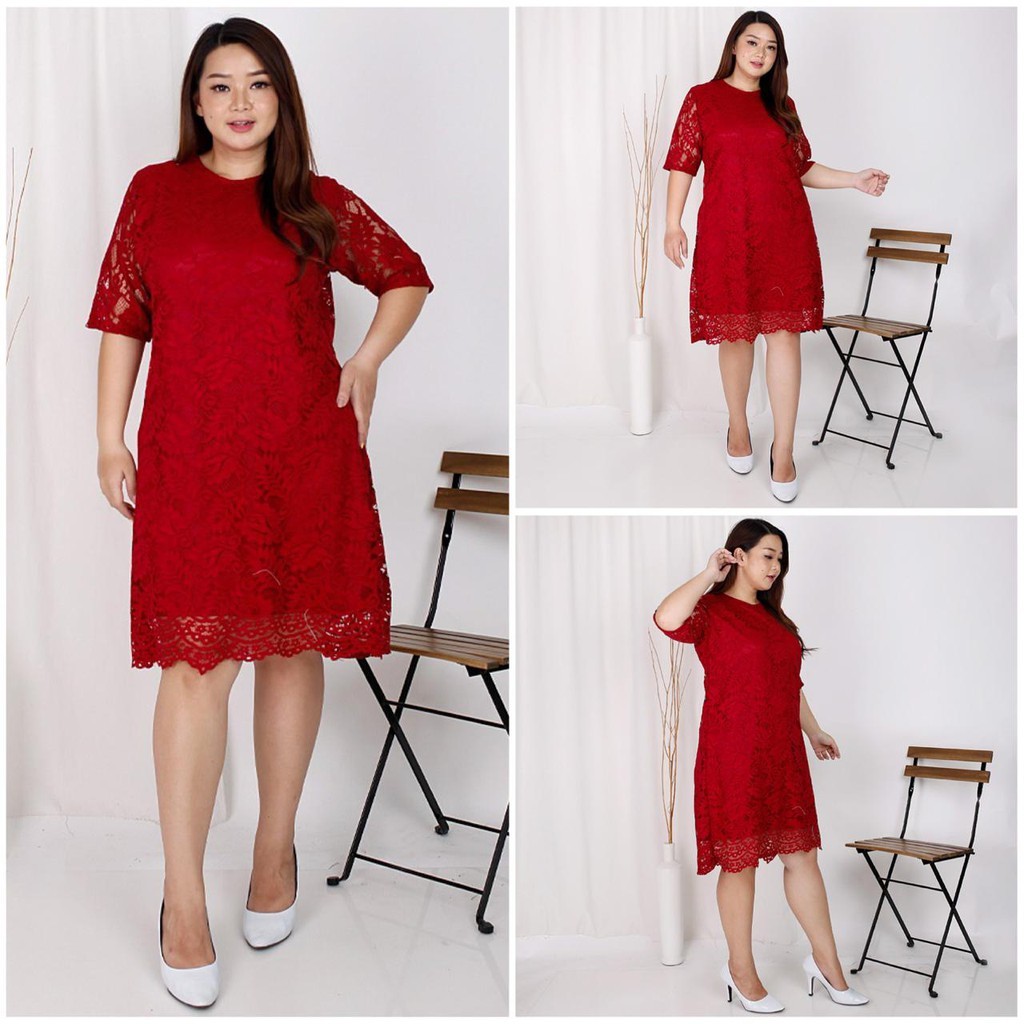 (SIZE S - XXL) Dress Big Size Brukat Jumbo Dres Brokat XXL Bigsize Dress Natal Imlek