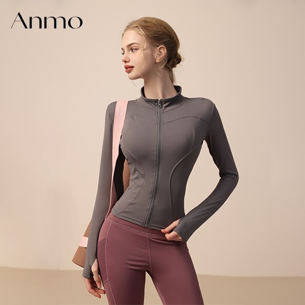 ANMO- Jaket olahraga wanita lengan panjang pakaian yang cocok untuk olahraga yoga gym