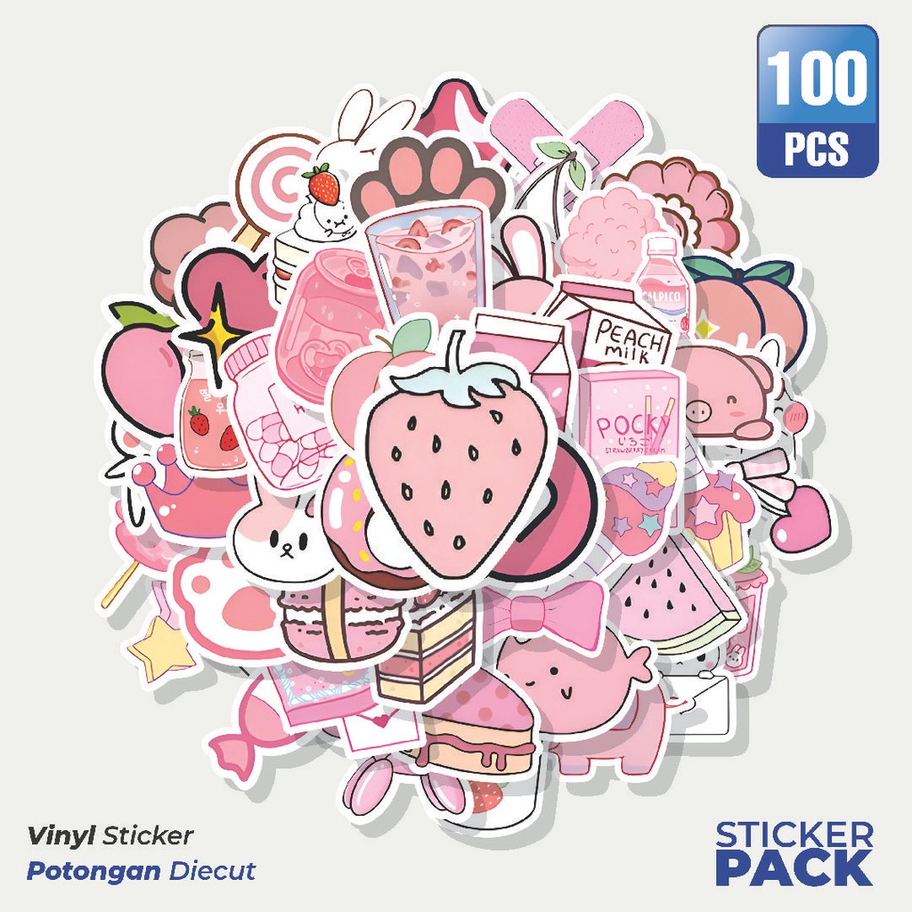 

Stiker Vinyl Stiker Cute Pink Sticker Pack Waterproof Aesthetic- Untuk Laptop, Motor, dan Helm - Paper Stationery Pack