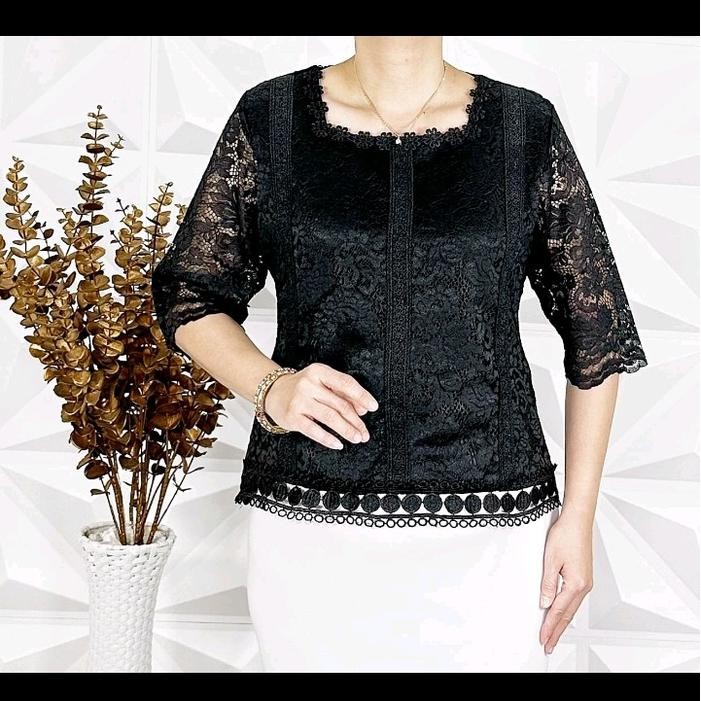Best Seller Blus Full brokat bordir mewah - hitam, XXL ld 108-118