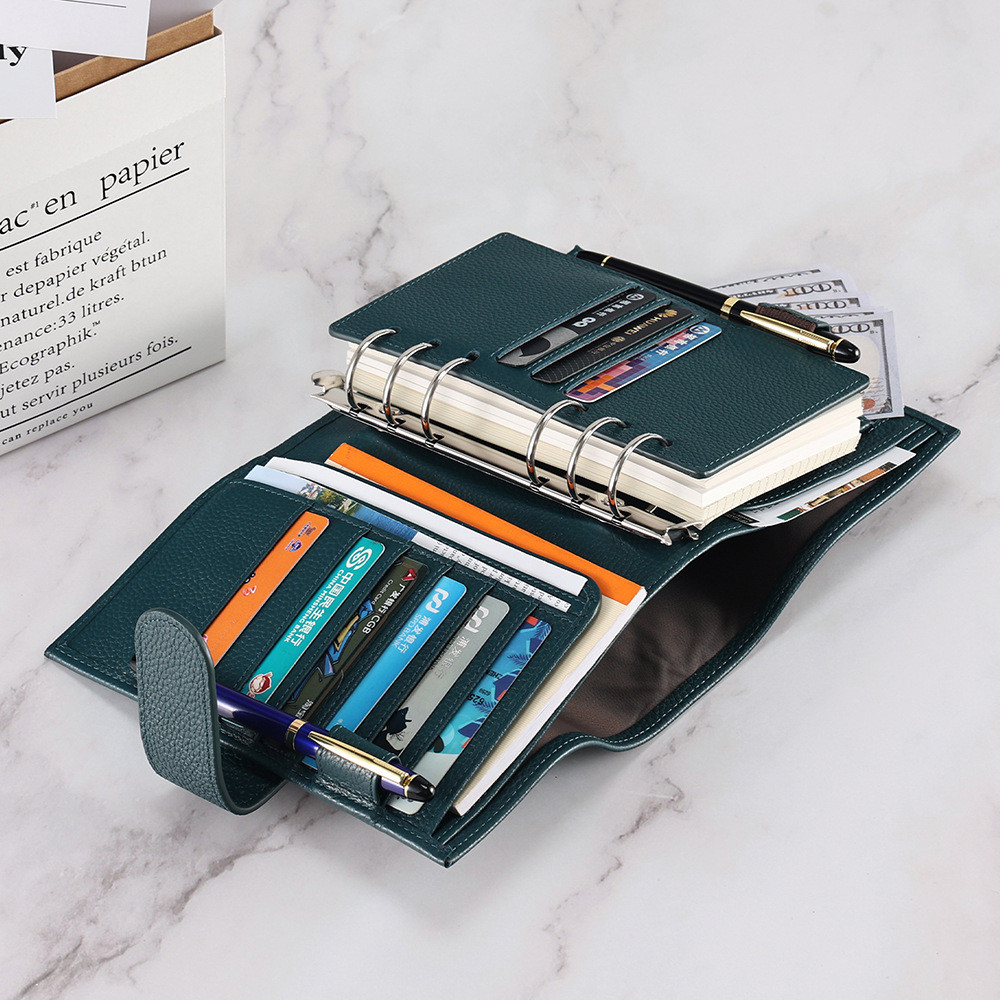 

Wallet Notebook 2-in-1 Multifunctional Notepad with 30 MM Rings Genuine Leather Binder A5 Diary Agenda Organizer Card Cash Orga
