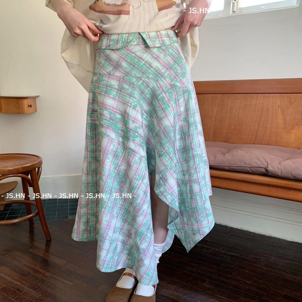 JS.HN - Rok Panjang Kotak-kotak Hijau Retro Gaya Amerika Tidak Beraturan Pinggang Tinggi