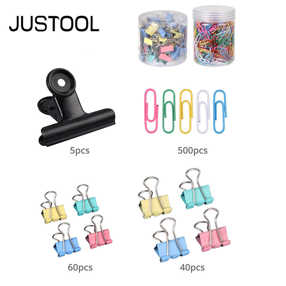 

JUSTOOL Office Commodity Clip 15 19 63 mm Size Metal Binder Clip and 500pcs Color Paper Clip Plastic Coated Paper Clip School