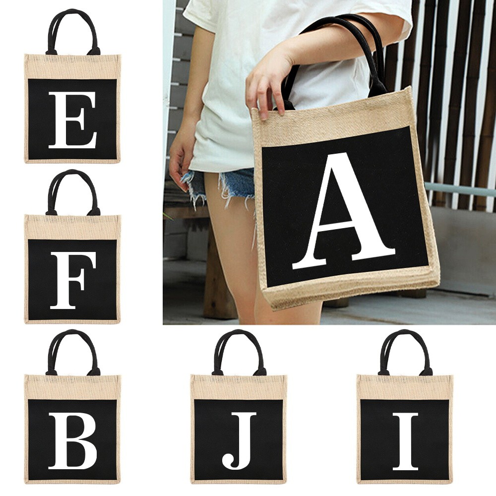 Tas tangan rami Canvas Design Tote Bag Handbag Shoulder Beg Sling Bag women Large Capacity bag White