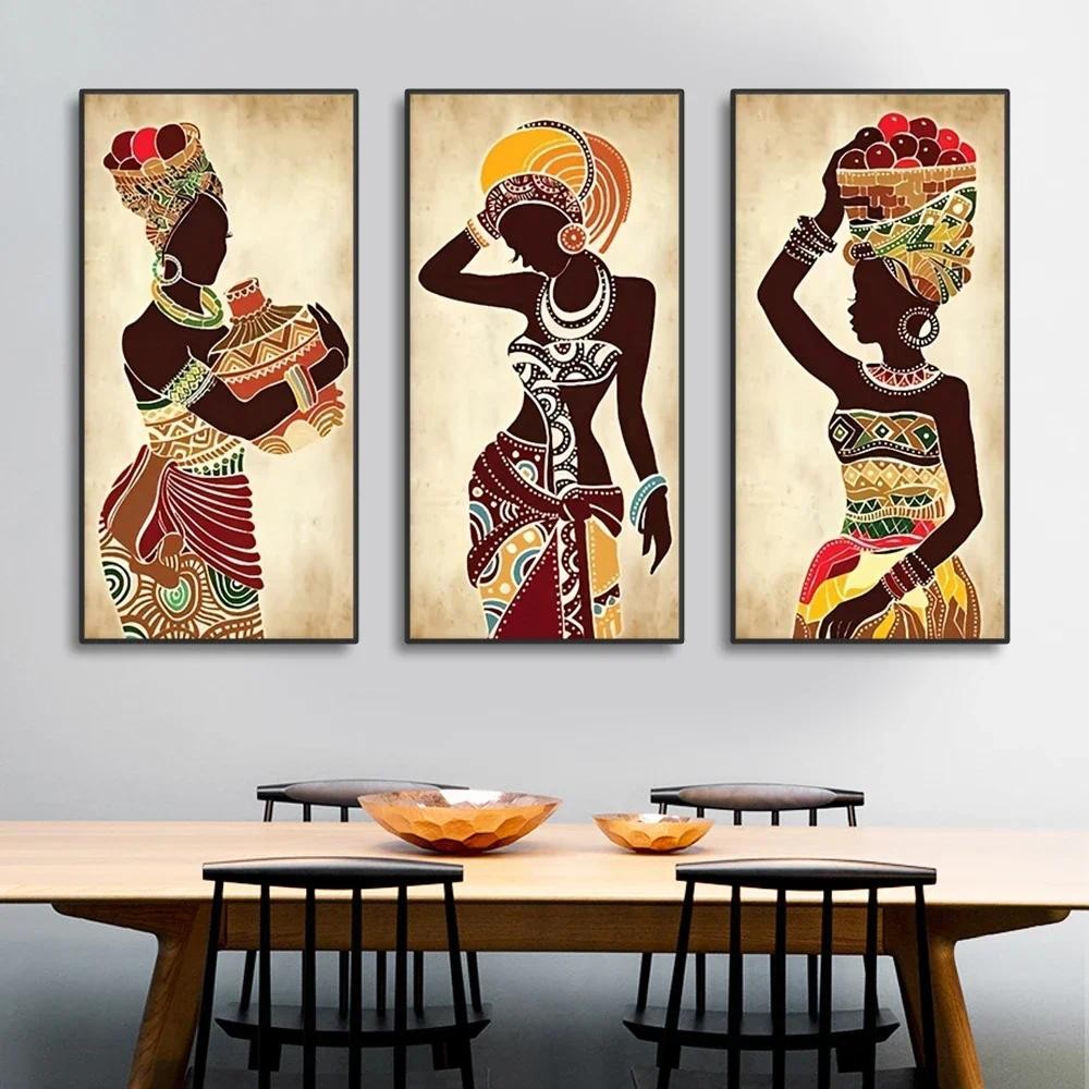 

3PCS Modern HD Pack Ethnic Black Woman Canvas Painting Vintage Wall Art Figure For Living Home Room Wall Decorative Pictures