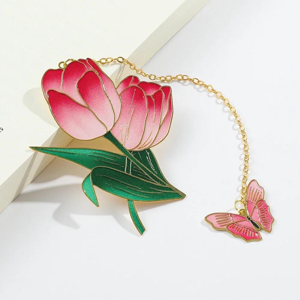 

Red Metal Tulip Bookmark Flower Butterfly Charm Romance Bookmark Exquisite Page Marker Women Stationery Supplies Gifts