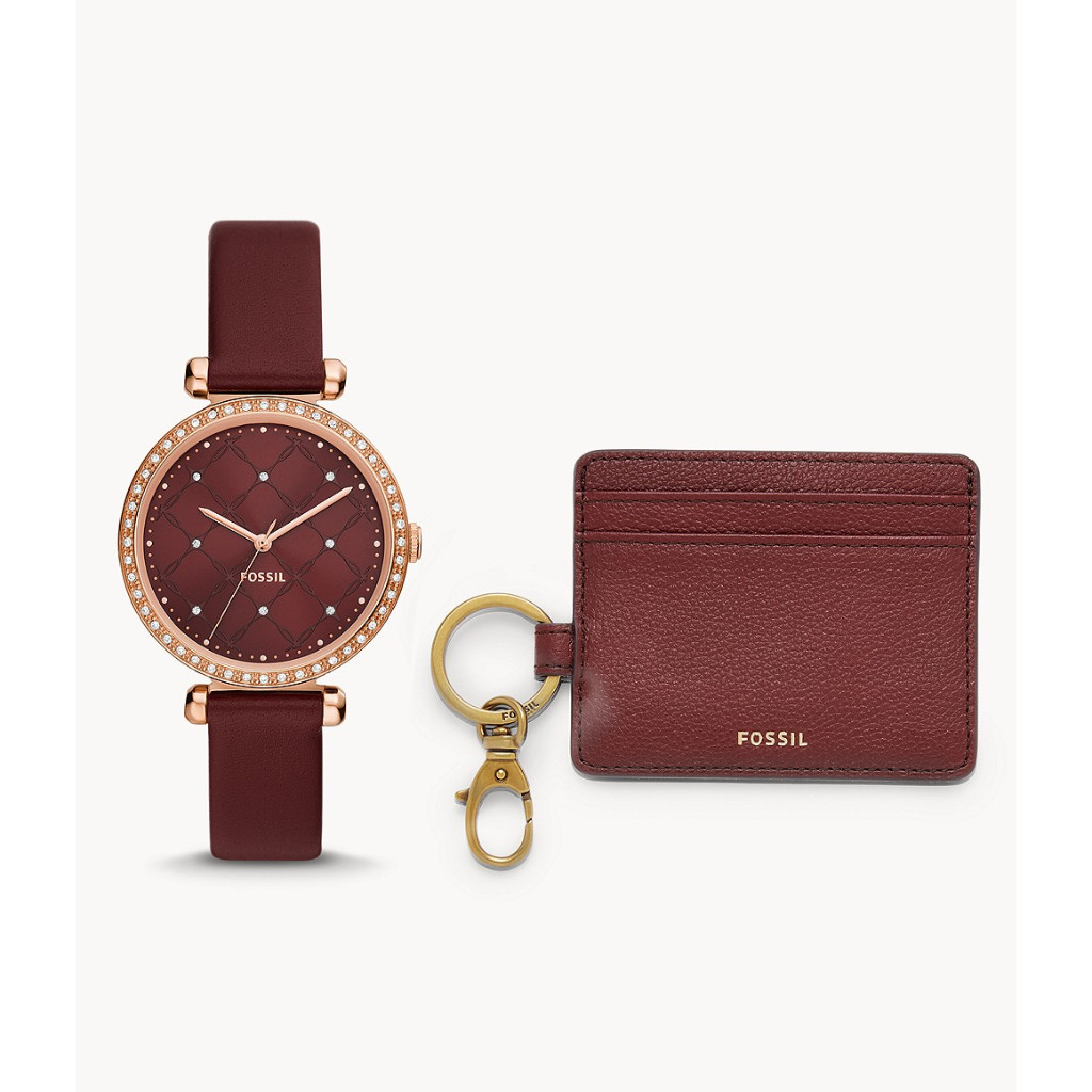 Jam Tangan Wanita Gift Set Tillie Rose Gold Case Red Leather Strap + Card Case Box Original