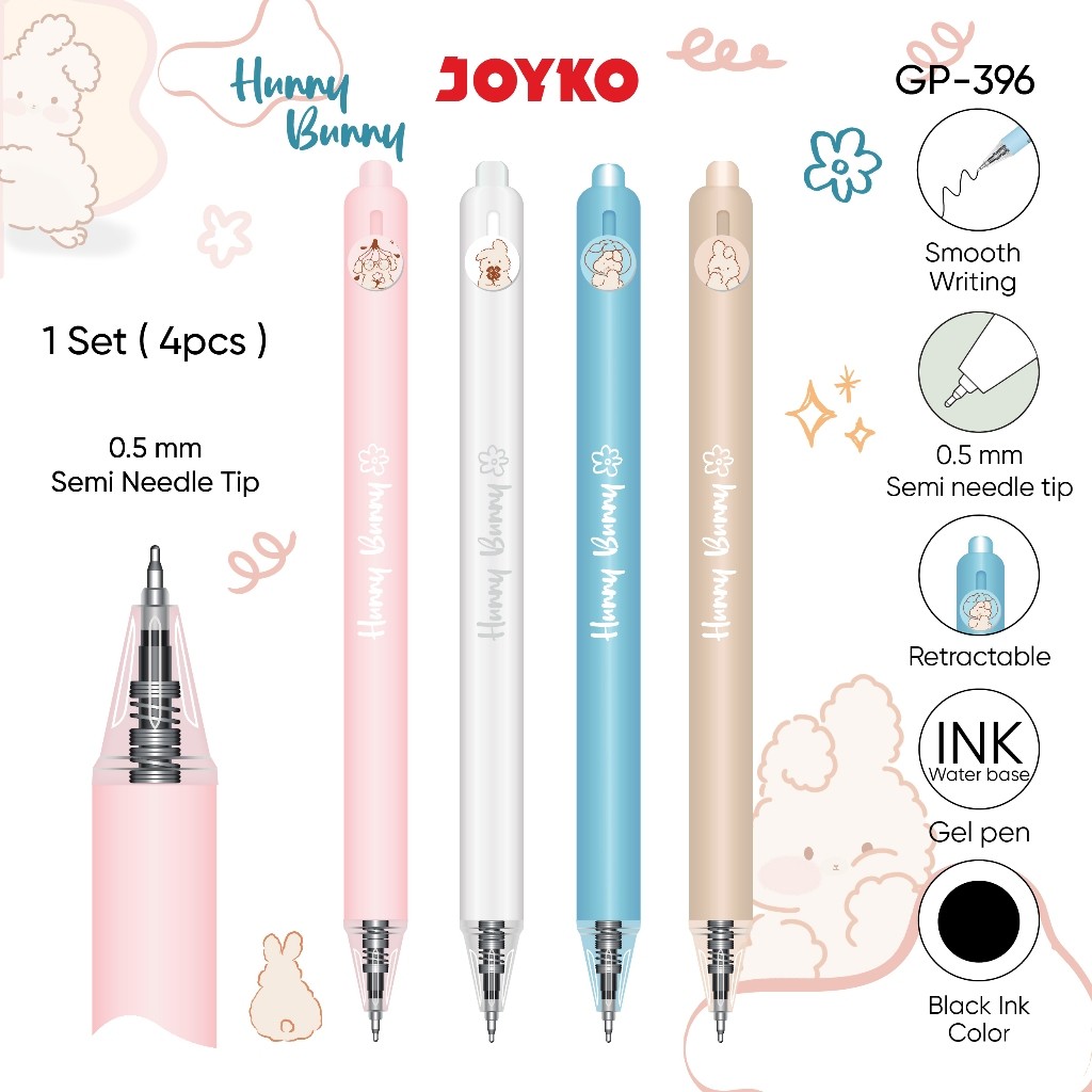 

Gel Pen Joyko GP-396 Hunny Bunny Gel 0.5 mm isi 4 | Needle Tip 0,5mm | Bulpen Gel | Pena Gel Hitam