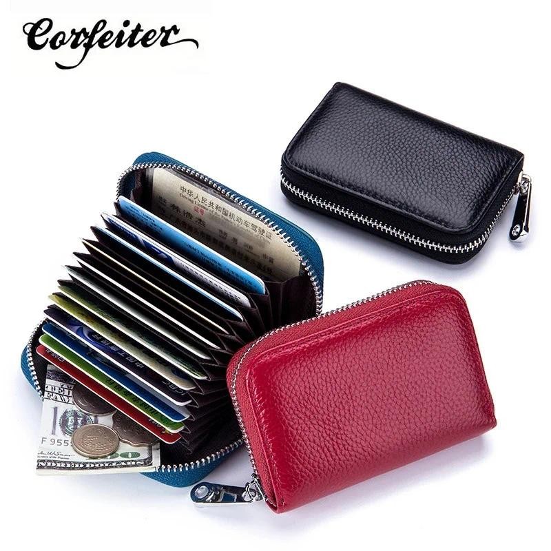 

Corfeiter Genuine Leather Organizer Business RFID Credit Card Holder Cowhide Minimalist Women Travel Card Bag Small Wallet 19