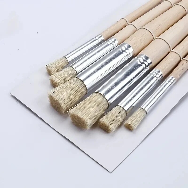

6/12pcs Stencil Paint Brushes Set, Bristle Hair Wooden Handle Perfect ForDIY Crafts Watercolor, Oil, And Acrylic Painting