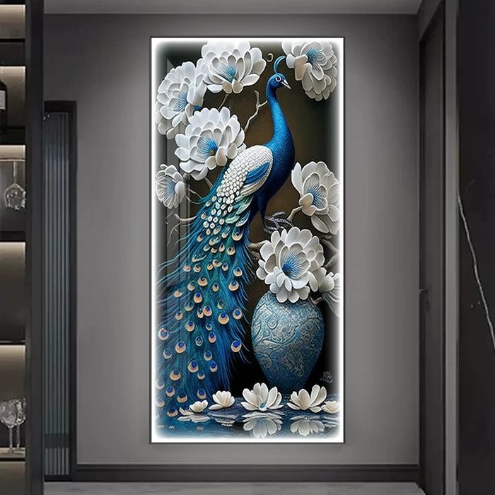 Lukisan Porcelain Painting Diamond Merak Biru Painting Led Lighting