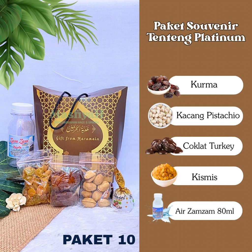 

PAKET SOUVENIR TENTENG PLATINUM OLEH-OLEH HAJI & UMROH Kemasan Tenteng Isi Air Zam-zam 30 ml Kurma,Almond,Kismis,Kacang Pistachio,Tasbih Kayu 33