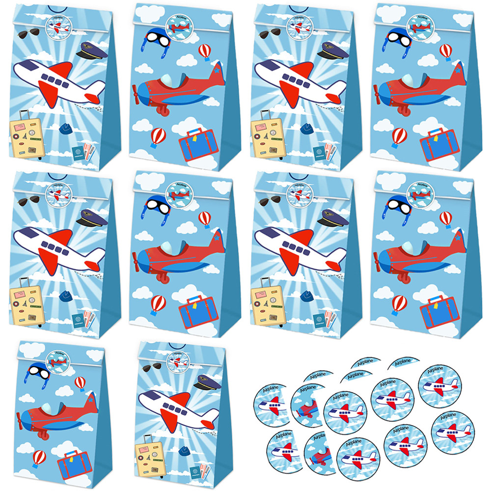 

Airplane Party Paper Gift Candy Bag with Sticker Cartoon Plane Goodie Treat Bags Kids Aviator Flight Theme Birthday Decor Favors
