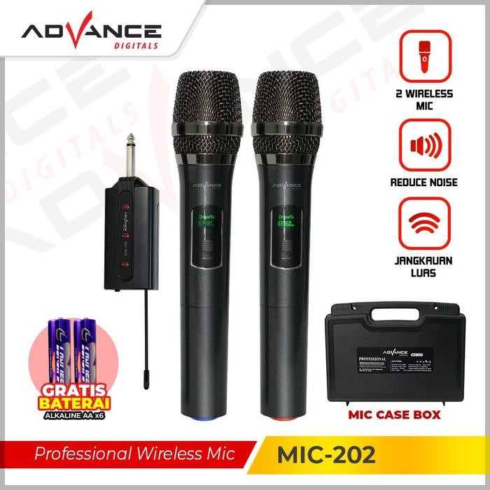 Advance MIC-202 / MIC202 Profesional 2 Mic Wireless Microphone Mikrofon Karaoke Mic Duet Logam Batre