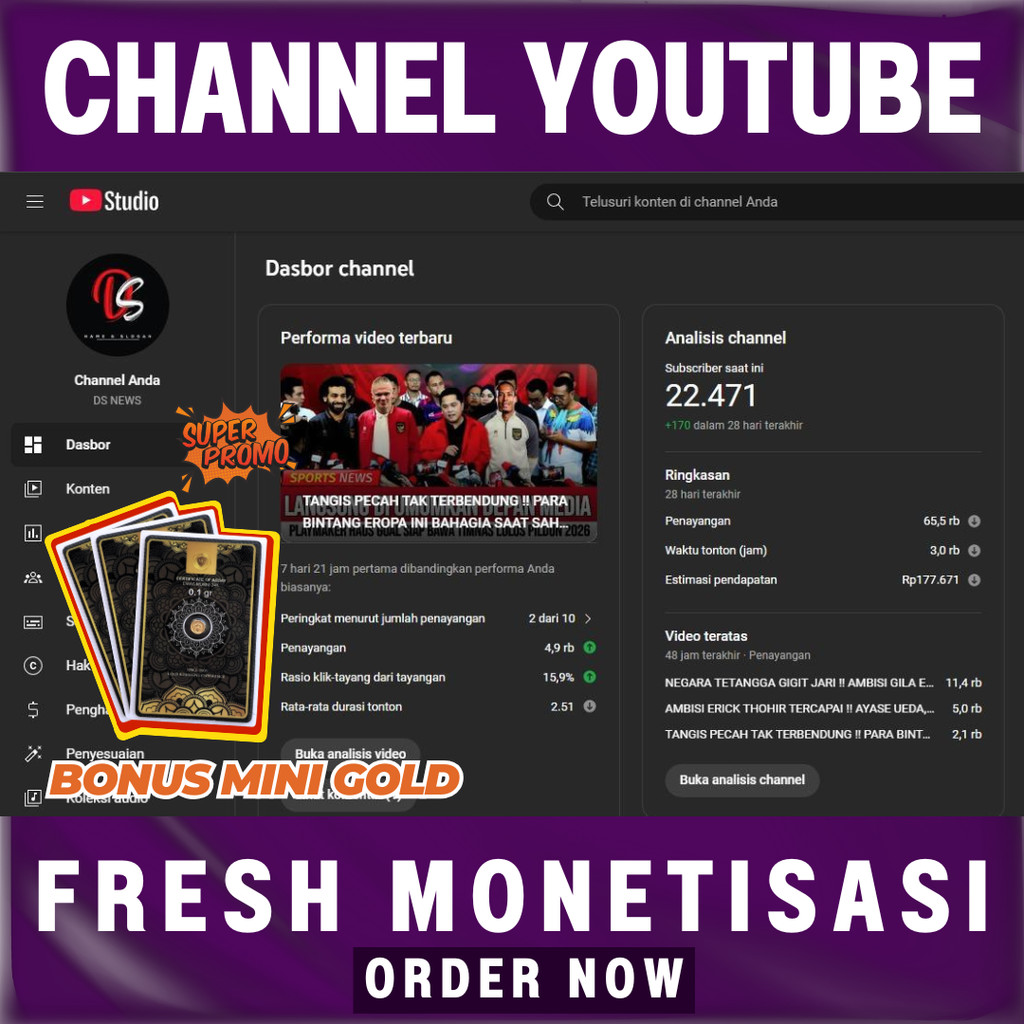 AKUN YOUTUBE SUDAH MONETISASI (FRESH) TINGGAL PAKAI SEPAKET ADSENSE