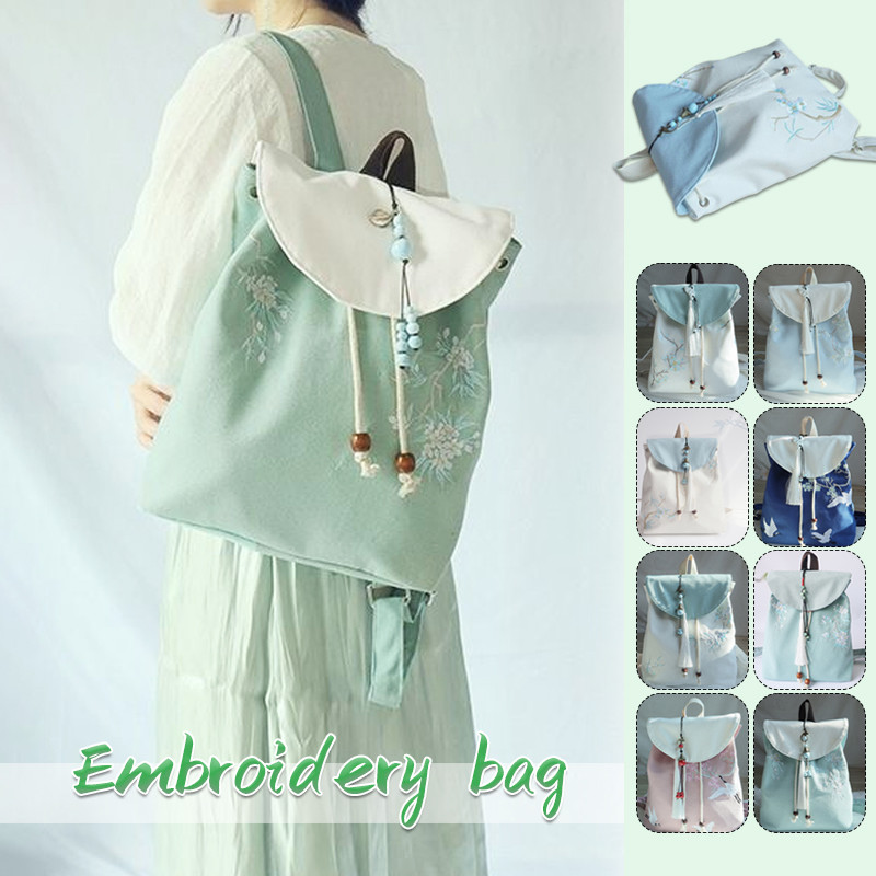 Tassel Pendant Chinese Style Embroidered Canvas Backpack Women Hanfu Rucksack Vintage Fashion Travel