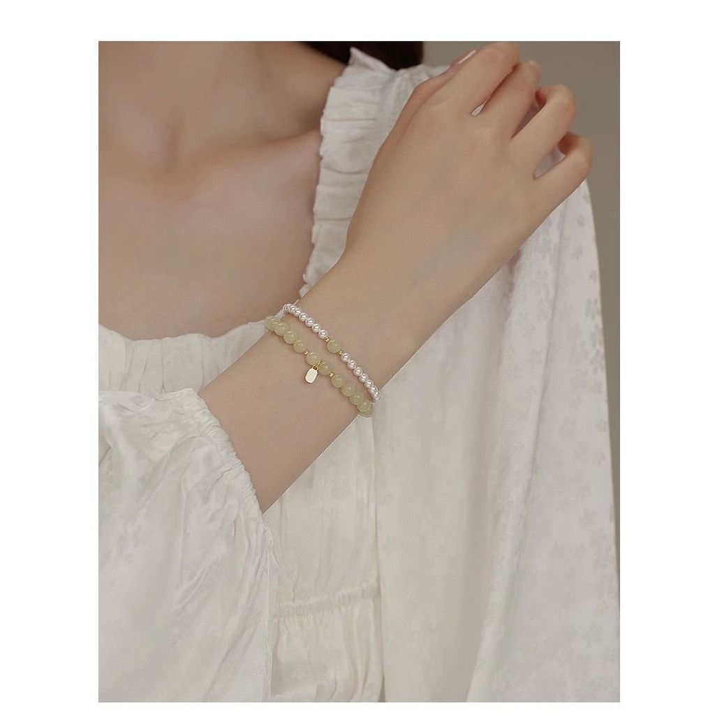 Gelang Elyra Set isi 2 Tumpuk Dua Wanita Kombinasi Manik Putih dan Batuan Natural Warna Pastel Bahan