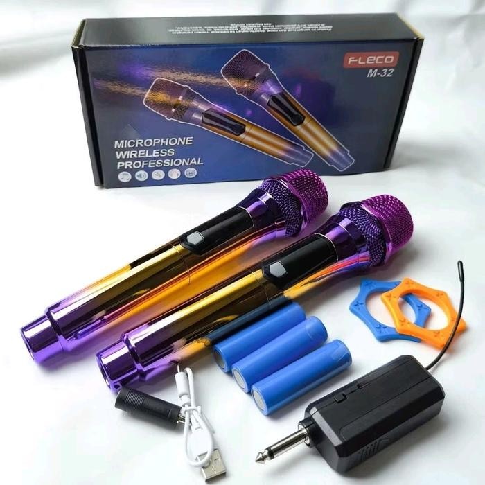 COD Mic Double Wireless Fleco M-32 VHF Mic Ori Mic Karaoke Microphon Fleco COD MIK