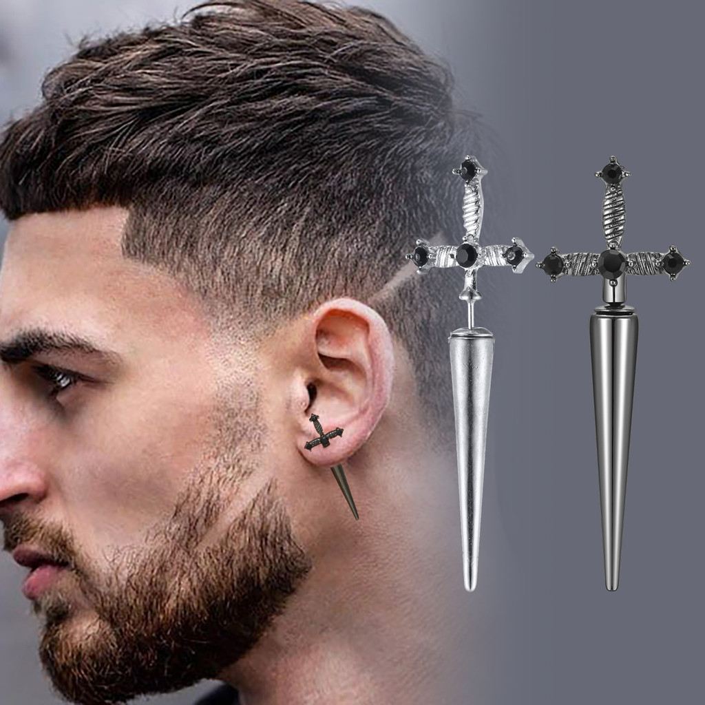 Gothic Sword Shaped Earrings for Men Boys,Metal Black Stone Cross Studs Earrings,Rock Punk Jewelry A