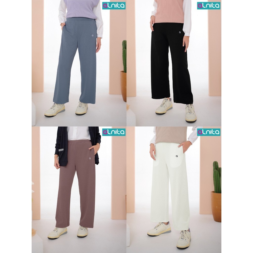 ALNITA Celana Kulot Panjang Premium Wanita Lino Pants Warna Black | Coca Mocha | Ashley Grey | Ivory