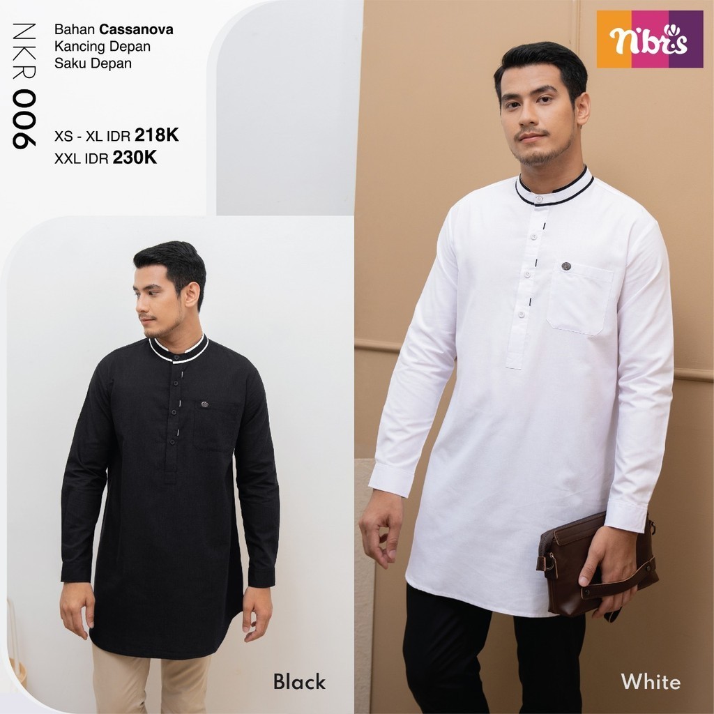 NKR 006 Nibras - koko dewasa polos lengan panjang | kurta dewasa lengan panjang warna hitam dan puti