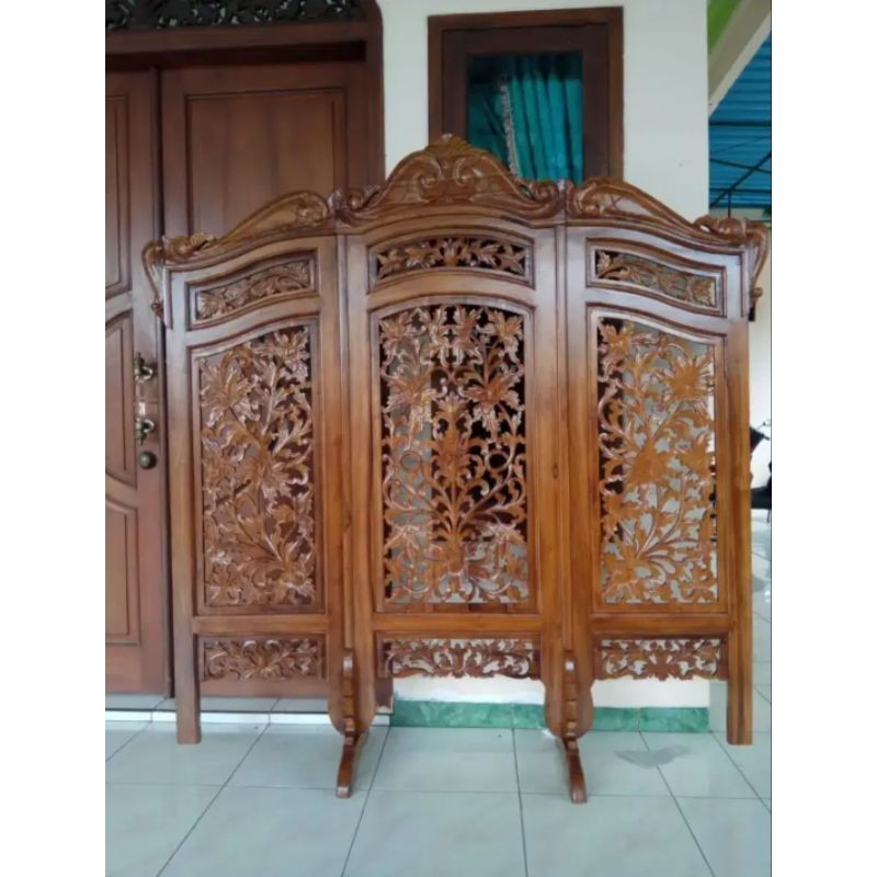 Penyekat ruangan ukiran kayu jati perhutani jepara ukir asli ori original terbaik termurah pembatas 