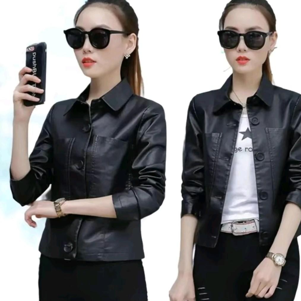 Jaket kulit Blazer Kemeja Wanita Crop Top Pendek Korean Style Gaya Trendy Outer Casual Hitam ootd Ou