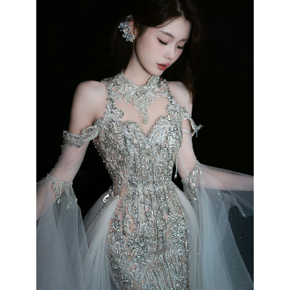 Gaun Pengantin Putri Duyung Ramping Putih Perak Gaun Pengantin Pengantin