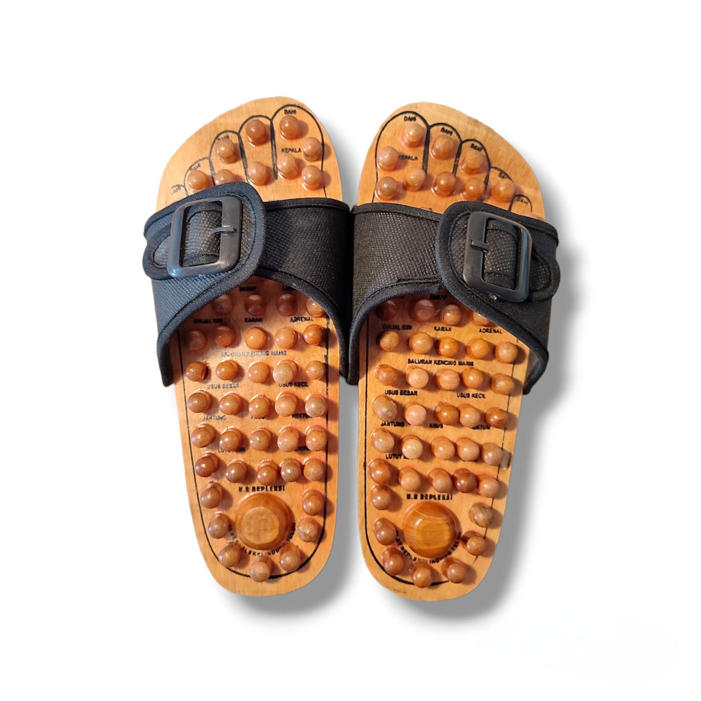 Sandal Rematik Kayu Refleksi - Sandal Kesehatan Therapy Kaki Tali Hitam Sol Kayu