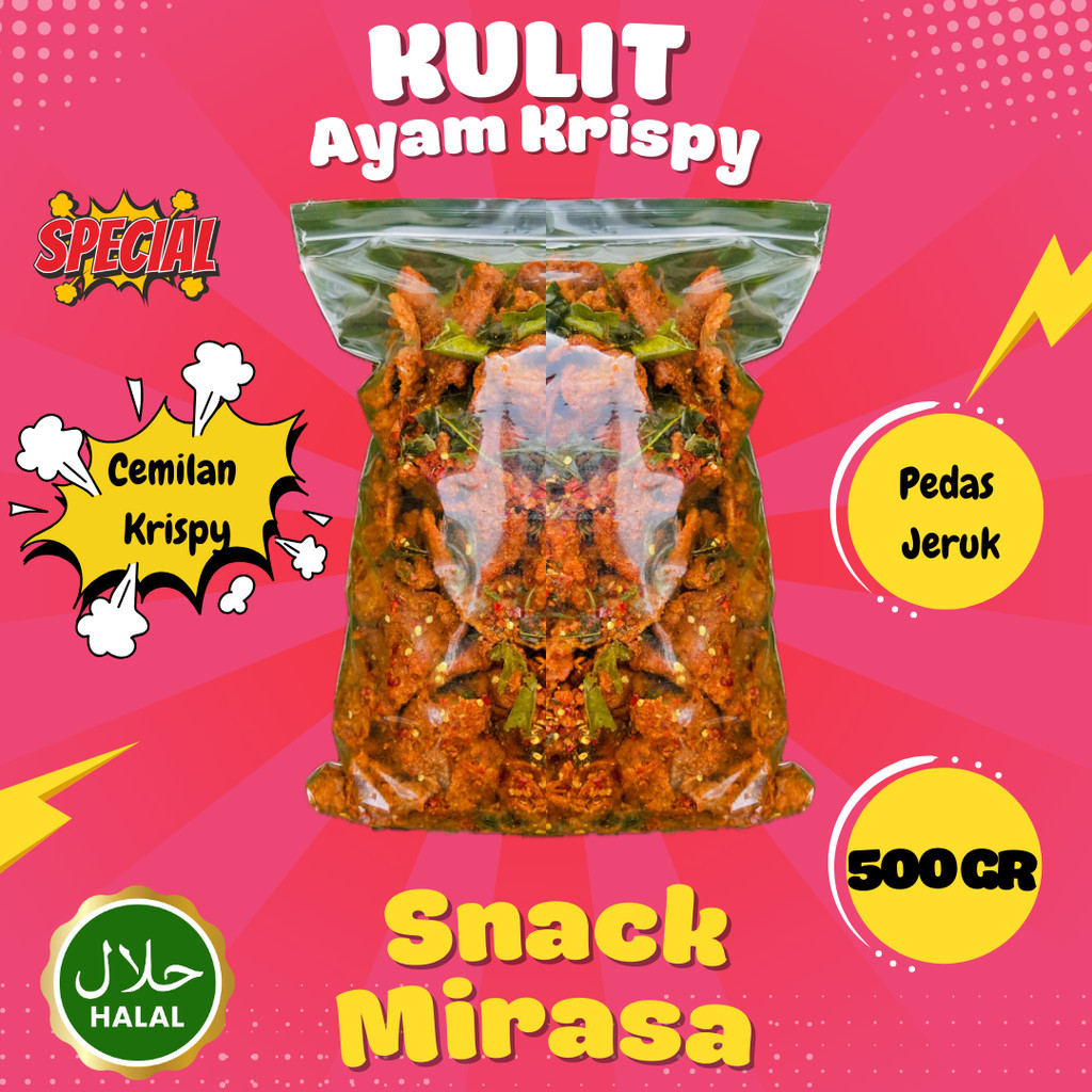 

Cemilan KERIPIK KULIT AYAM PEDAS DAUN JERUK 500GR - KULIT AYAM CRYPSI 500GR Kriukk snack Food