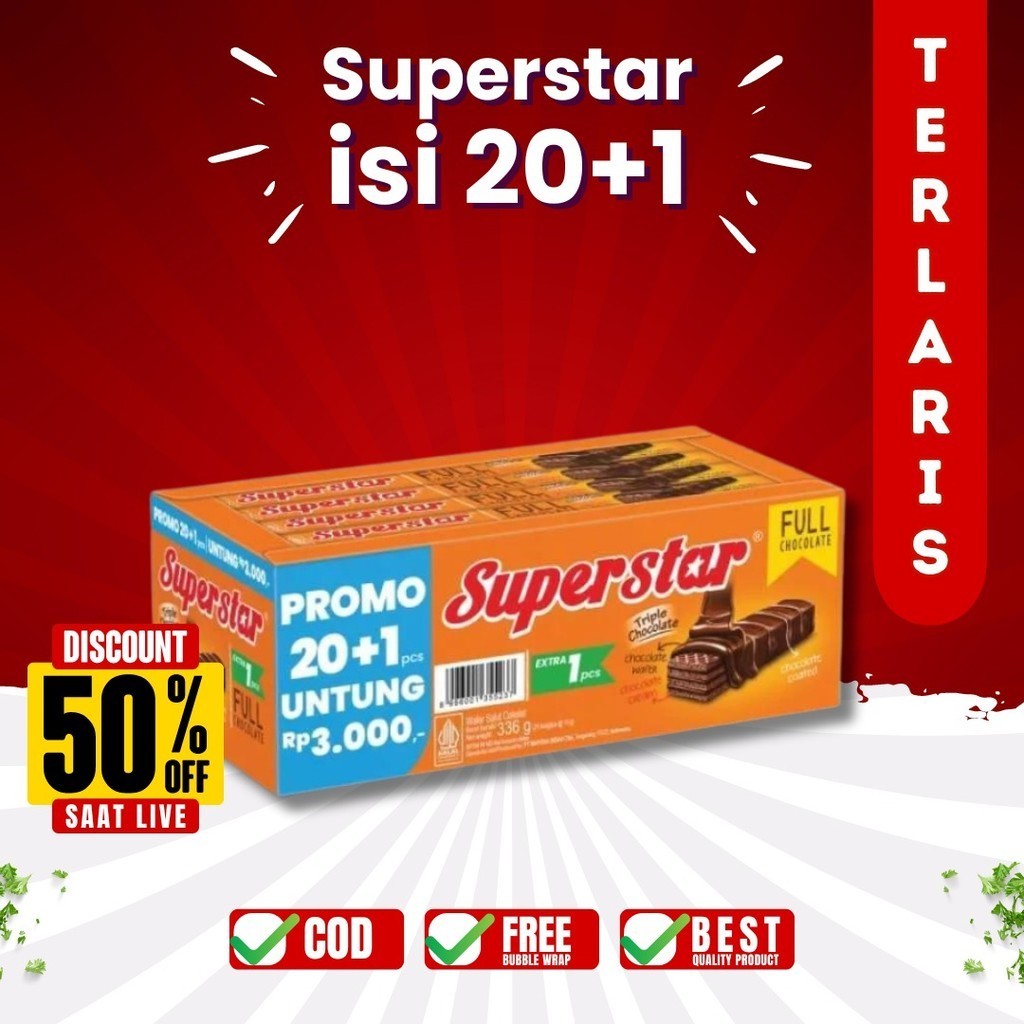 

SUPERSTAR WAFER TRIPLE CHOCOLATE SNACK BISKUIT COKLAT (1 BOX ISI 12 PCS) - CHOCOLATOS, TRICKS, YUPI