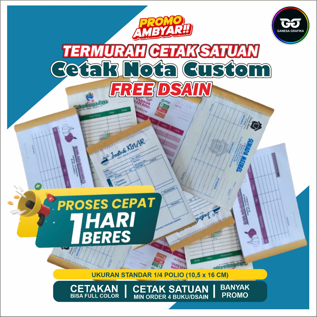

Cetak cetak nota custom 2 ply nama usaha toko sendiri ukuran sedang 1/4 polio Murah