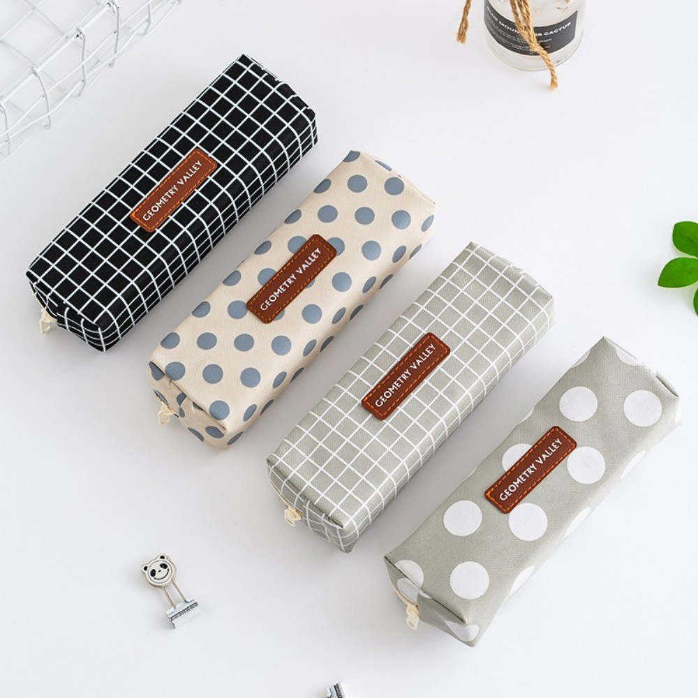 

Student Zipper Pencil Bags Large Capacity Canvas Black Gray Checkered Dots School Stationery Boxes Pencil Case