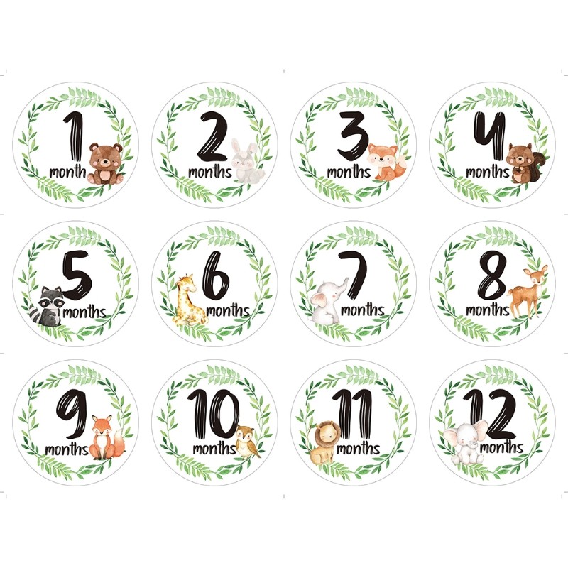 

12 Pcs/Set Newborn Milestone Stickers Memorial Month Stickers Baby Monthly Record Cartoon Animal Floral Printed Stickers