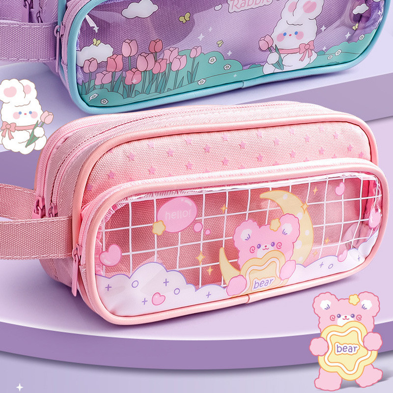 

3 Layers Large Capacity Pencil Bag Stationery Aesthetic Transparent Grid Pen Case Girl Zipper Pencil Pouch School Supplies