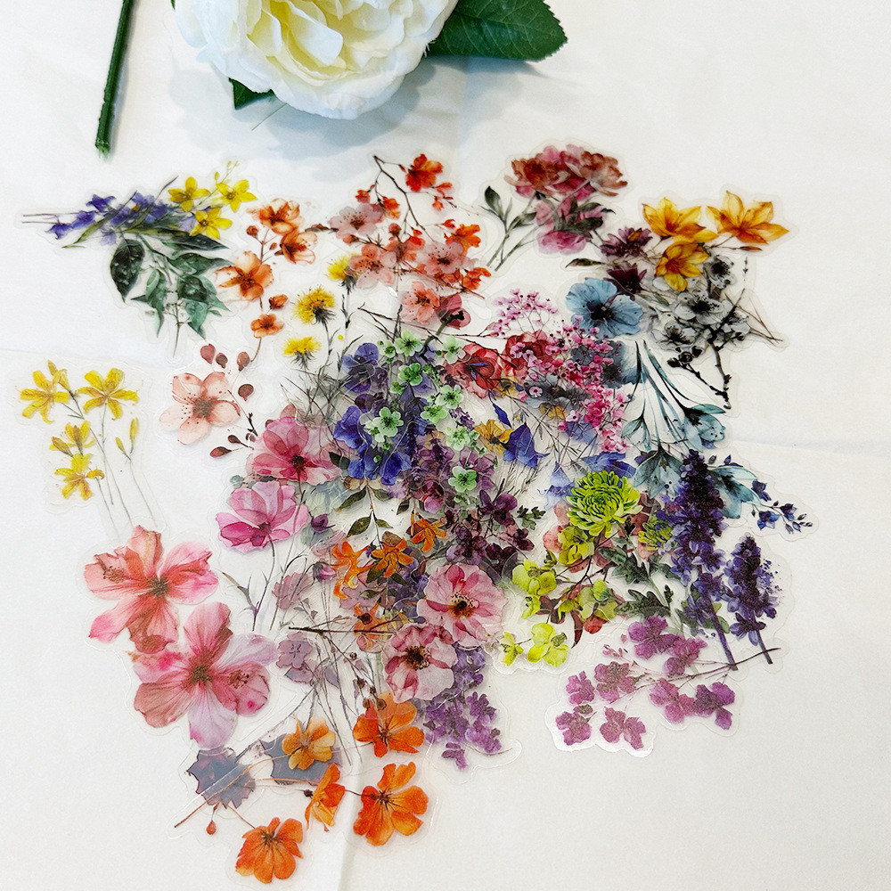 50 PCS Ink Flower Stickers Pack Waterproof Transparent PET Booklet Flower Material Decorative Guitar