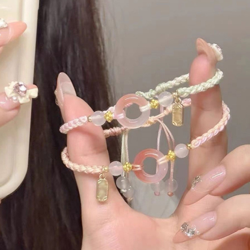 LEERE-Gelang Couple Serut Tali Gesper Keberuntungan Batu Giok Gelang Wanita Gaya Cina Wanita Aesthet
