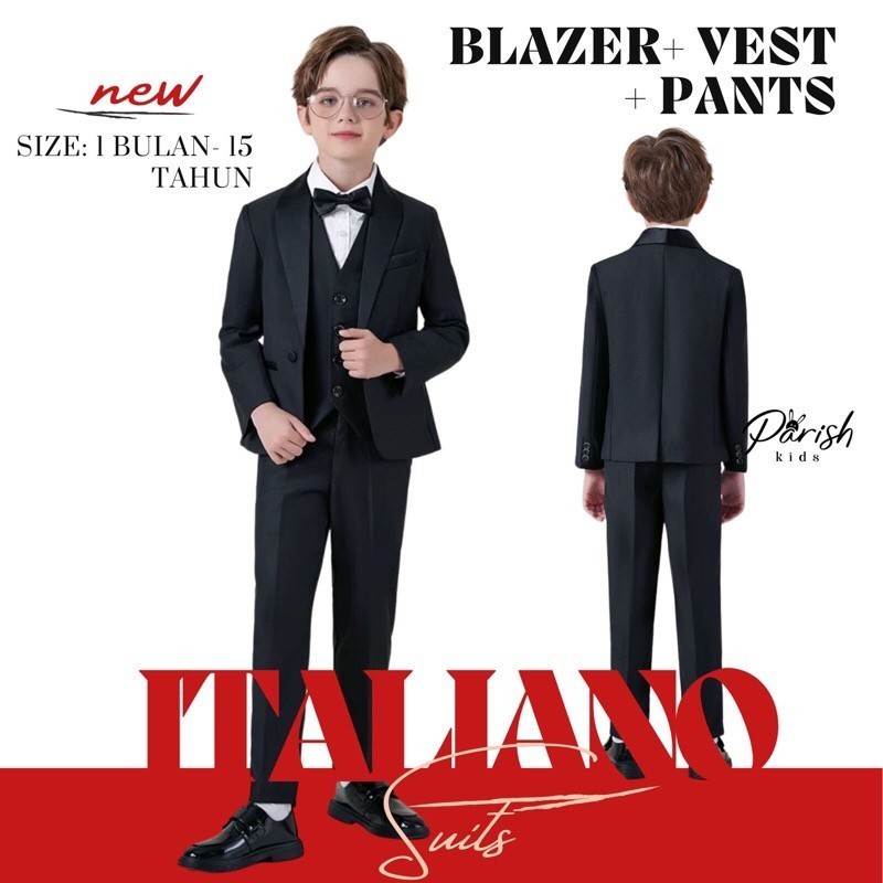 Italiano Modern Black Kids Suits /Setelan Jas Hitam Anak Laki-Laki 3 in 