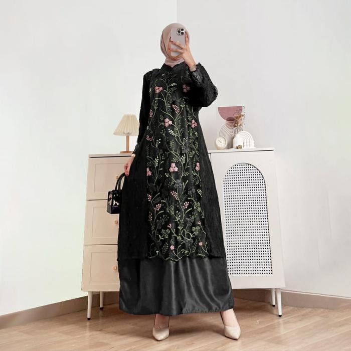 Gamis Lebaran Brokat Brukat Dress Tile Baju Pesta Mewah - Hitam