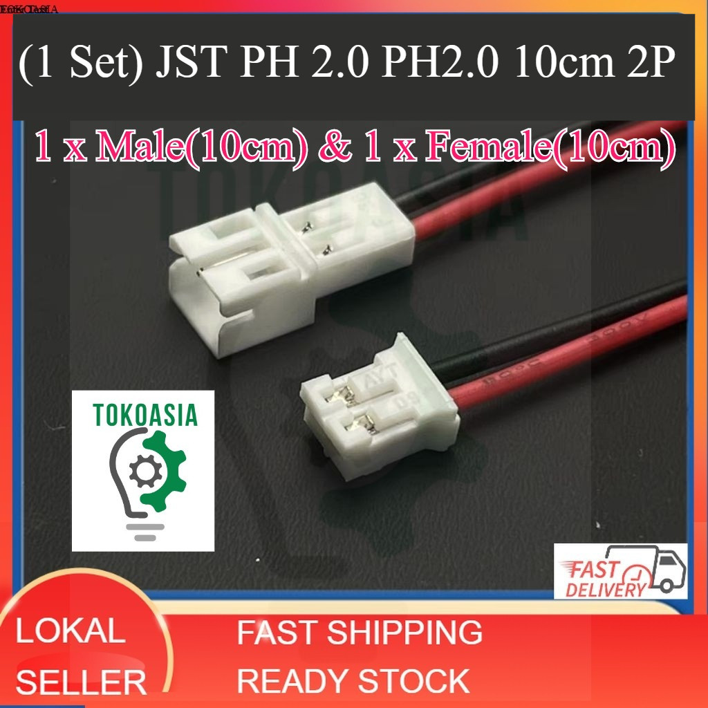 (1 set) JST PH 2.0 PH2.0 10cm 2P 2 Jalur Wire Cable JST-PH Kabel Connector Plug Male Female