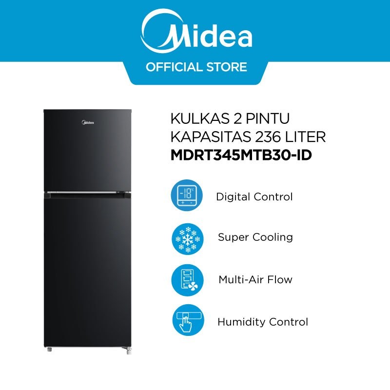 Midea Kulkas 2 Pintu 236L Freezer Besar Tanpa Bunga Es Non Inverter MDRT345MTB30