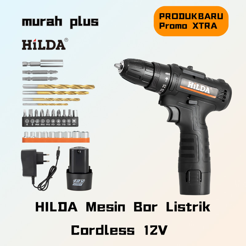 HILDA Mesin Bor Listrik Cordless 12V / Bor Tangan Baterai / Bor Impact / Bor Rechargeable