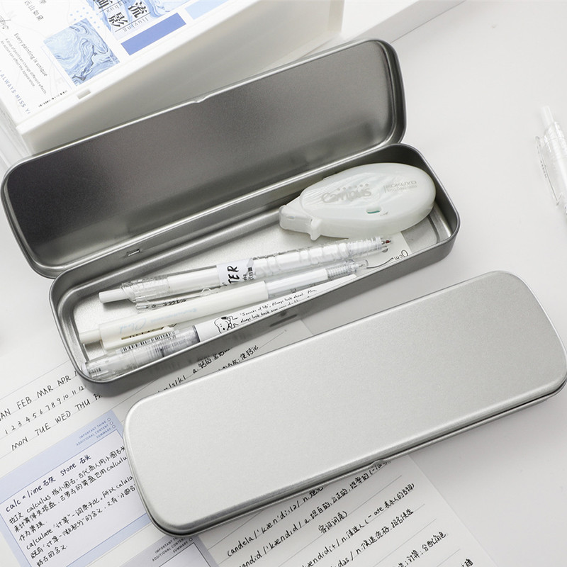 

1Pc Silver Metal Pen Box Large Capacity Single Layer Pencil Boxes Student Stationery Pencil Organizer Cases School Supplies