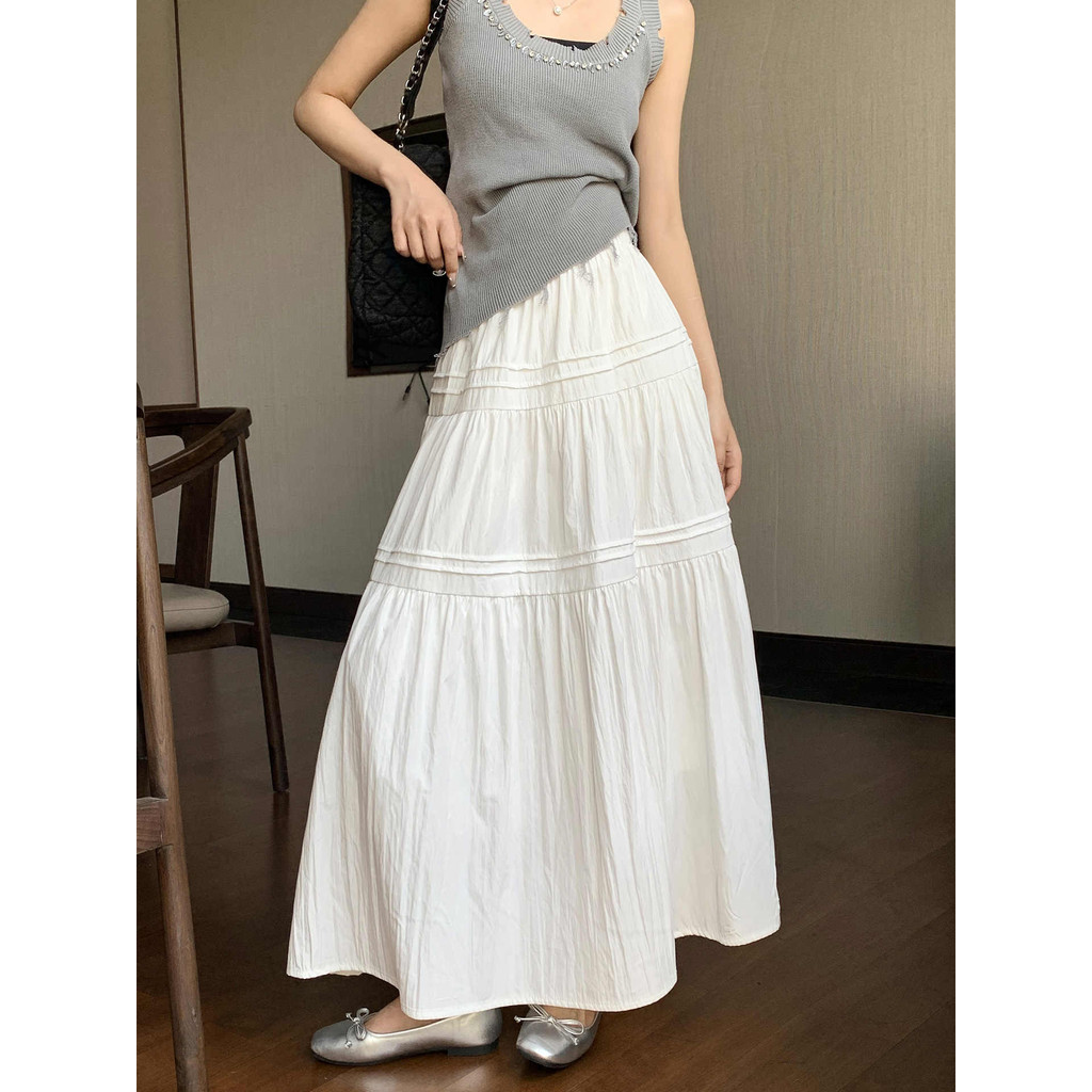 Limited Qlioo Rok A-Line Putih Gaya Korea Rok Panjang Pinggang Tinggi Wanita Rok Wanita Terbaru Rok